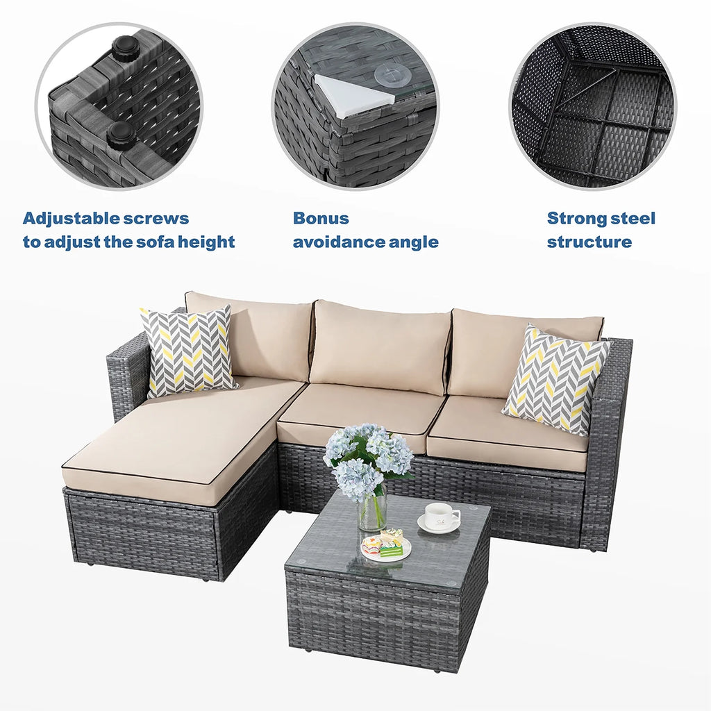 3 Piece Aegean Blue Black Rattan Wicker Sectional Sofa V611
