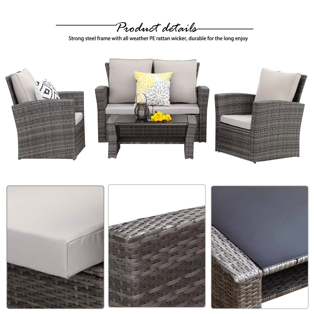 4 Pcs Brown Wicker Patio Conversation Sofa Set with Coffee Table B91999