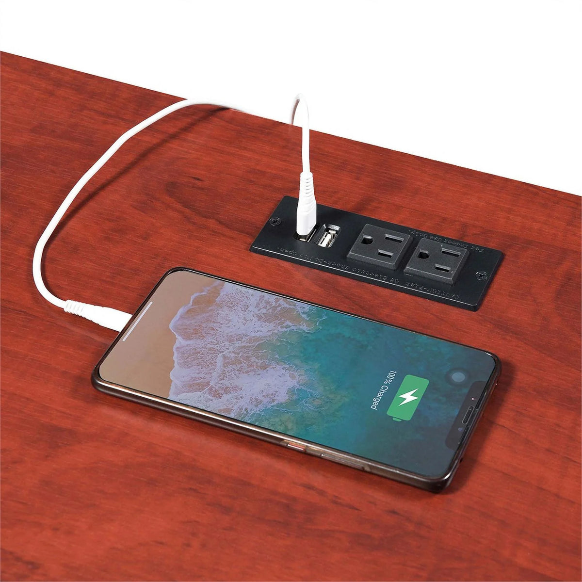 Cherry Wood Trestle Desk with Charging Station and Shelves S792