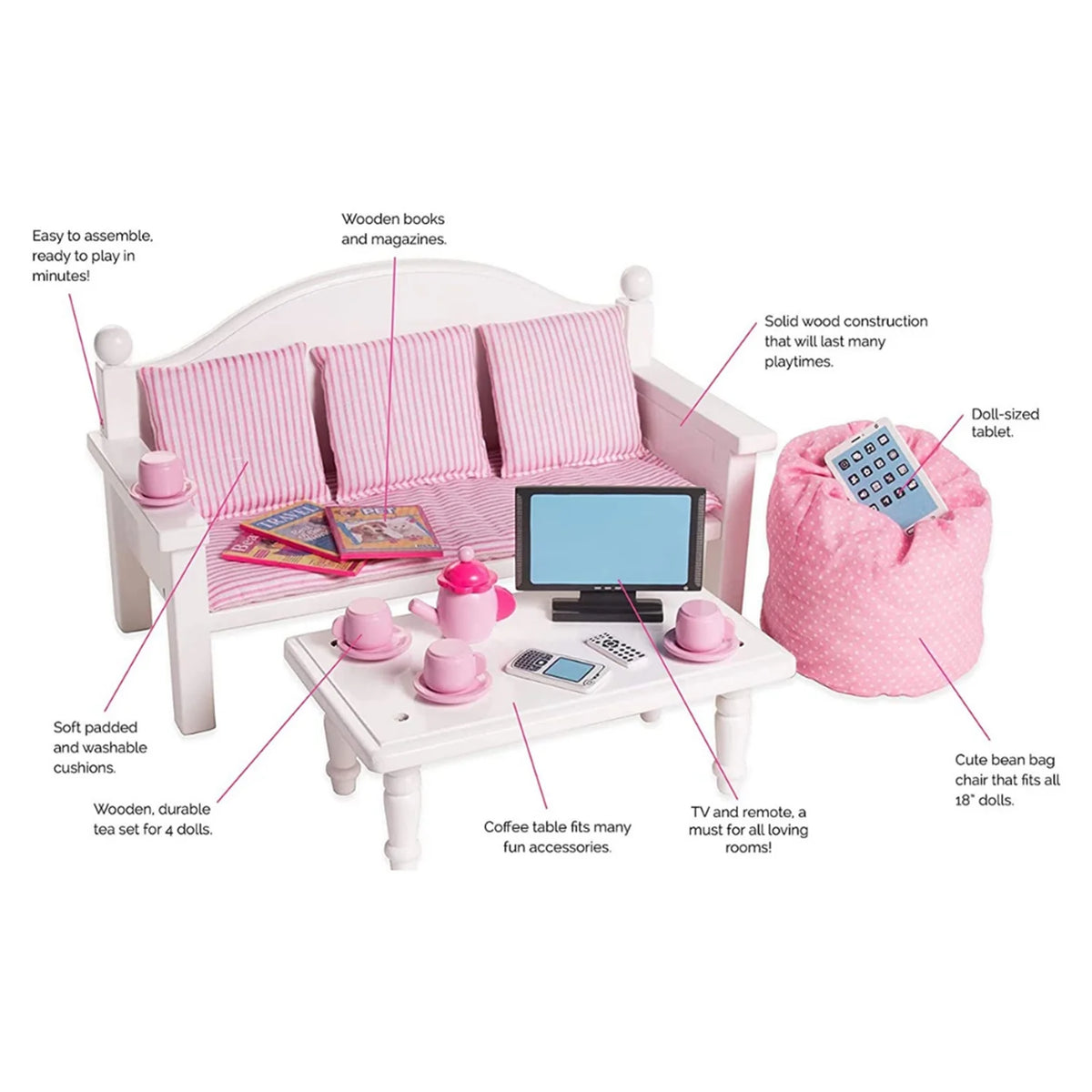 18" Dolls Wood Sofa & Coffee Table with Accessories V180404
