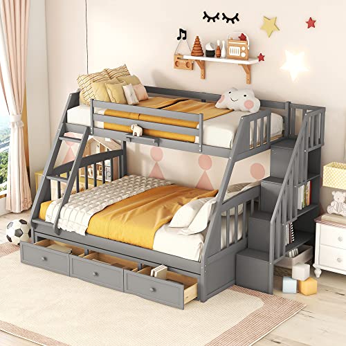 Gray Twin Over Twin Solid Wood Bunk Bed with Stairs and Trundle A438
