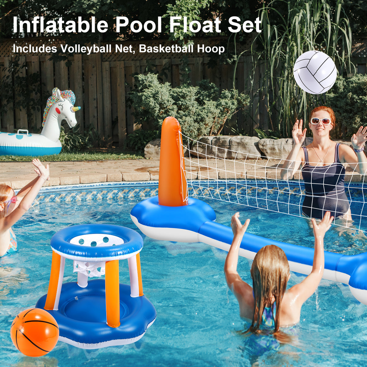 Inflatable Pool Float Set with Volleyball Net & Basketball Hoops P31524