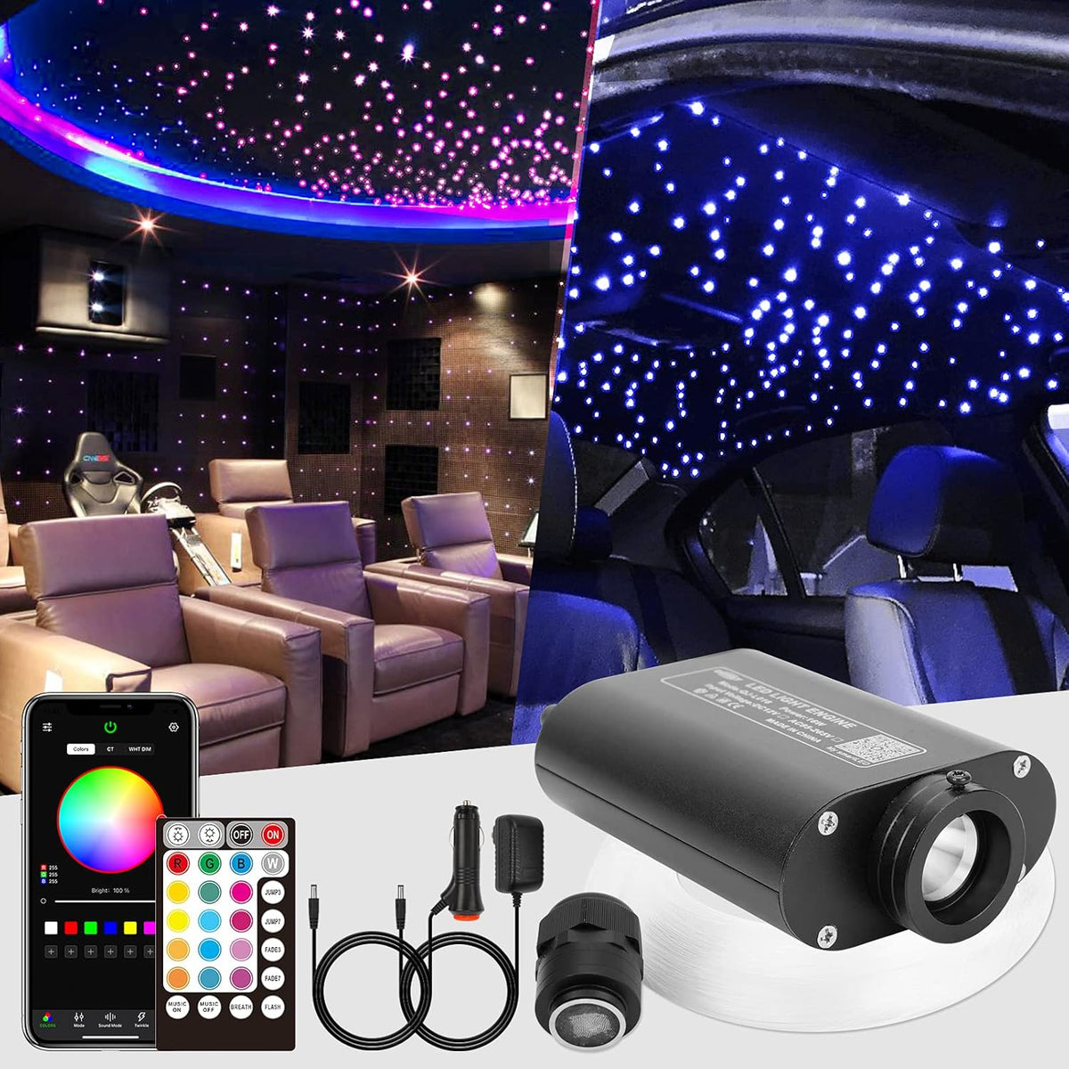 16W 450pcs 9.8ft RGBW LED Fiber Optic Headliner Light Kit with Adapter and Cigarette Lighter I5193