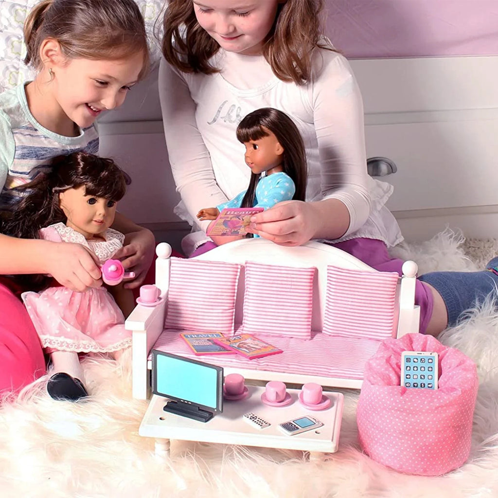 18" Dolls Wood Sofa & Coffee Table with Accessories V180404
