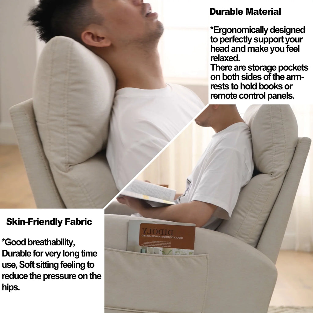 White Fabric Upholstered Rocking Chair with Solid Wood Base and 2 Side Pockets Y5266