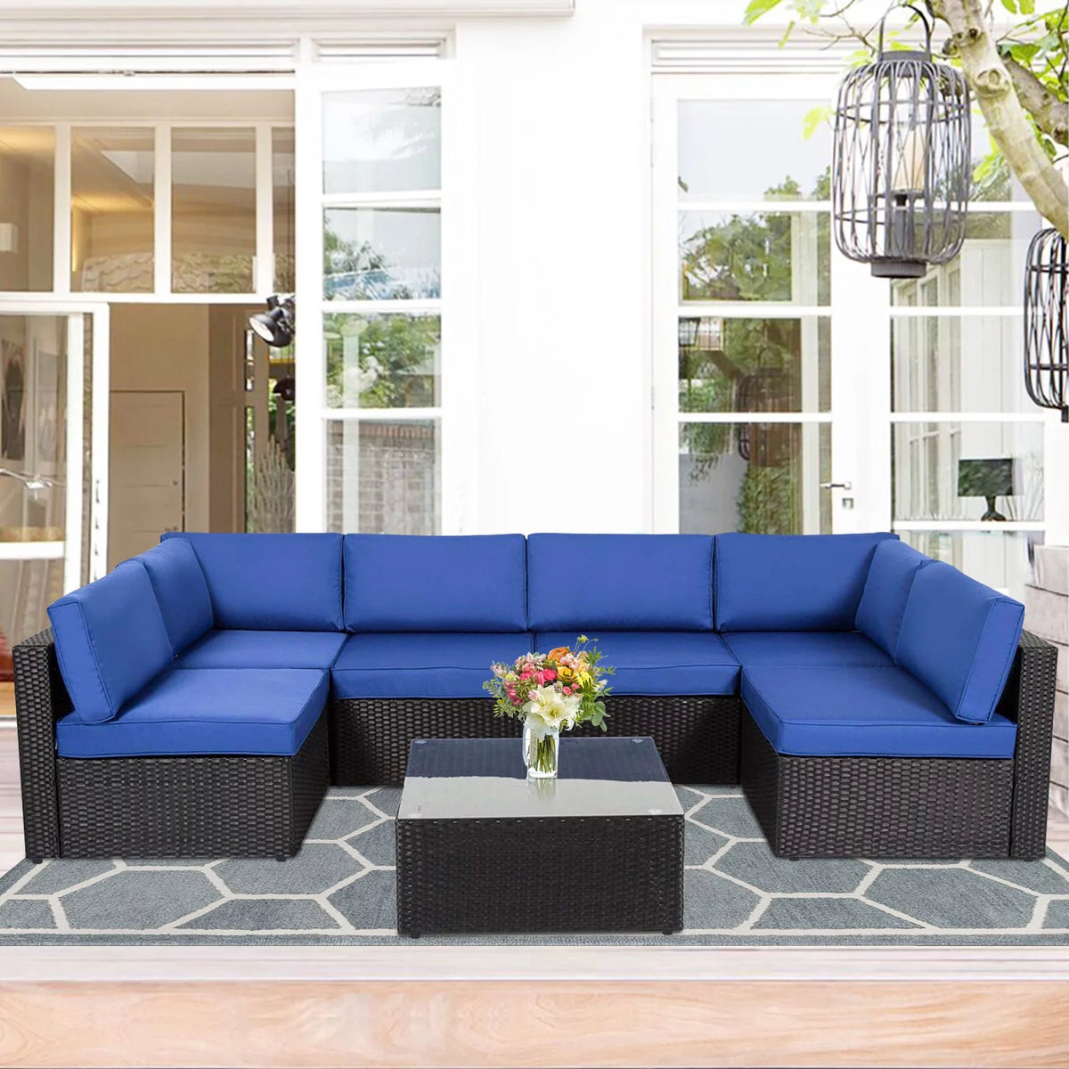 7 Pc Outdoor Rattan Wicker Sectional Sofa Set with Dark Blue Cushions Z334365