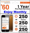 1 Year Prepaid GSM SIM Card - Monthly 250 Talk or 250 Text or 250MB Data No Contract 12 Months Plan C84794