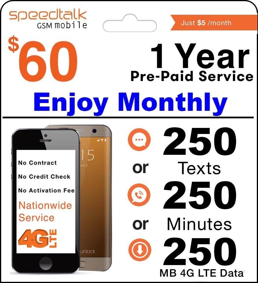 1 Year Prepaid GSM SIM Card - Monthly 250 Talk or 250 Text or 250MB Data No Contract 12 Months Plan C84794