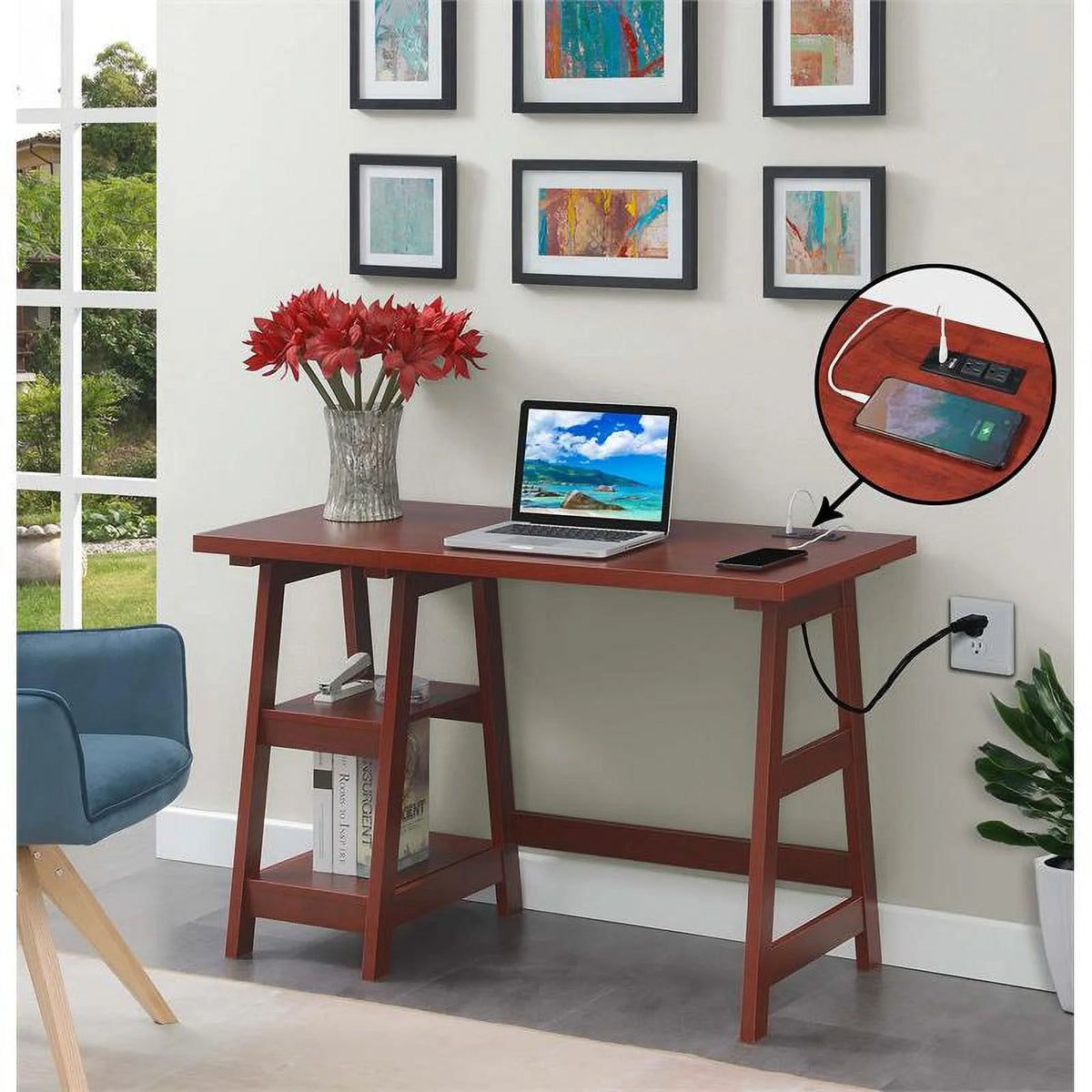 Cherry Wood Trestle Desk with Charging Station and Shelves S792