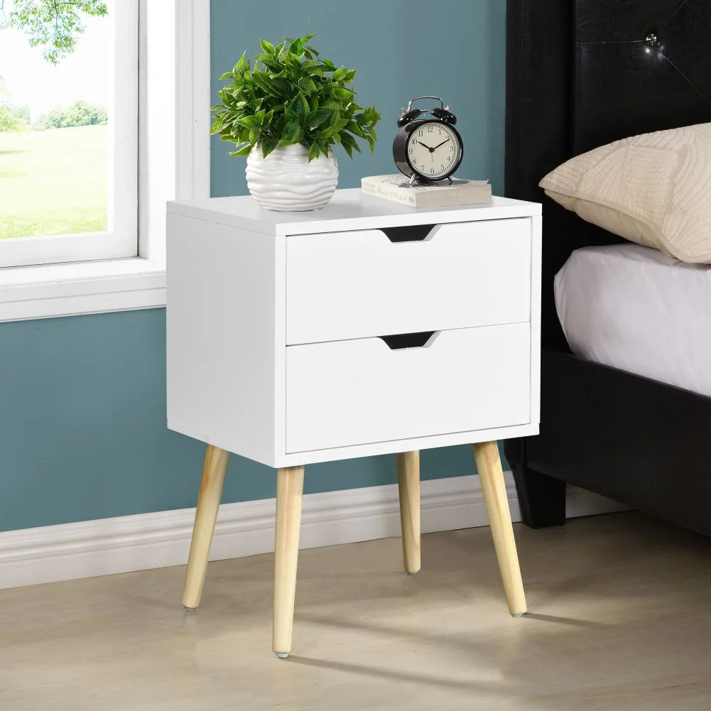 White 2 Drawer Side Table with Rubber Wood Legs E2239